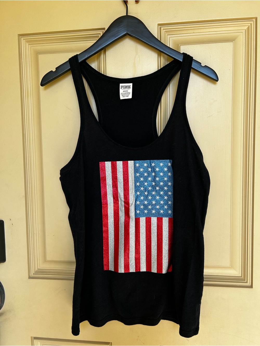 Y2K PINK Victoria's Secret Black Racerback Tank w/ American Flag Graphic size M